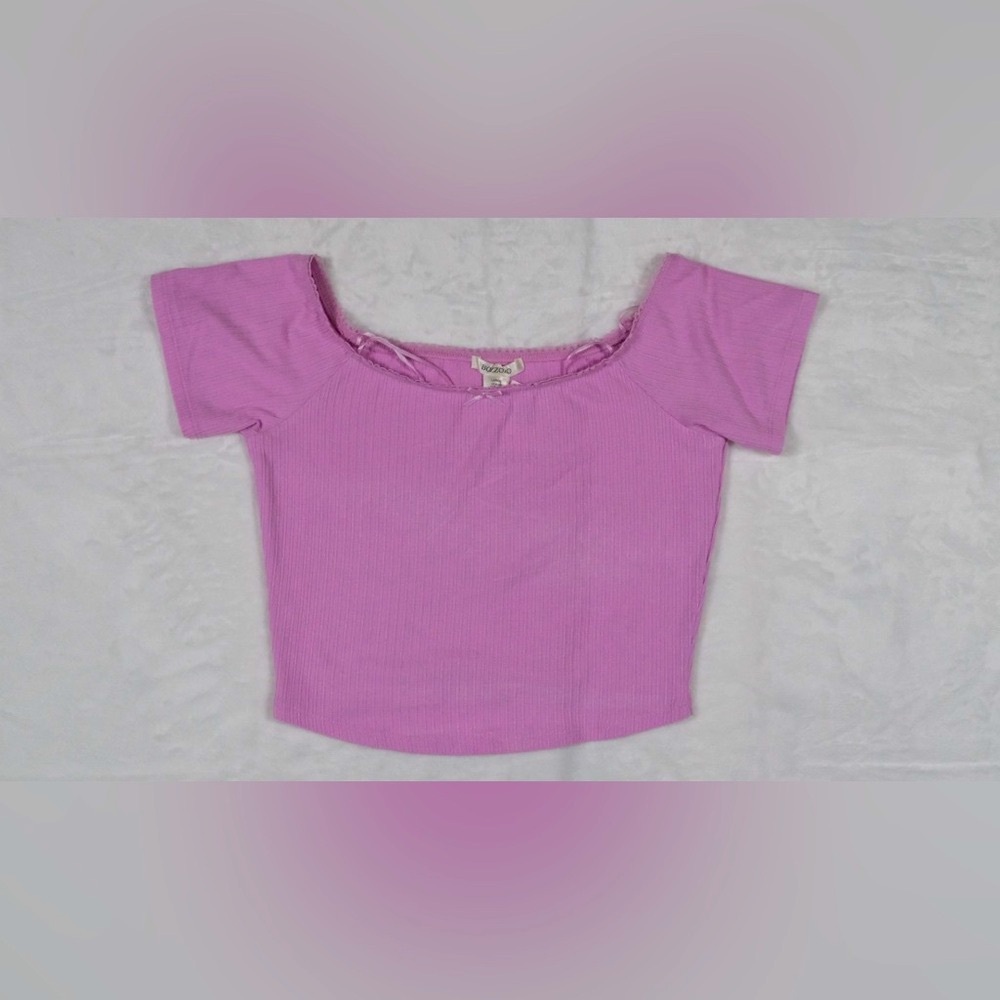 Bozzolo | Ballet Neck Baby Tee Pink Ribbed Off-Shoulder Crop Top | L - Picture 5 of 7